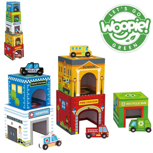 WOOPIE GREEN Układanka Kostki Miasto Pojazdy w Pudełkach + Figurki 10 el. - zabawki-dla-dziewczynki