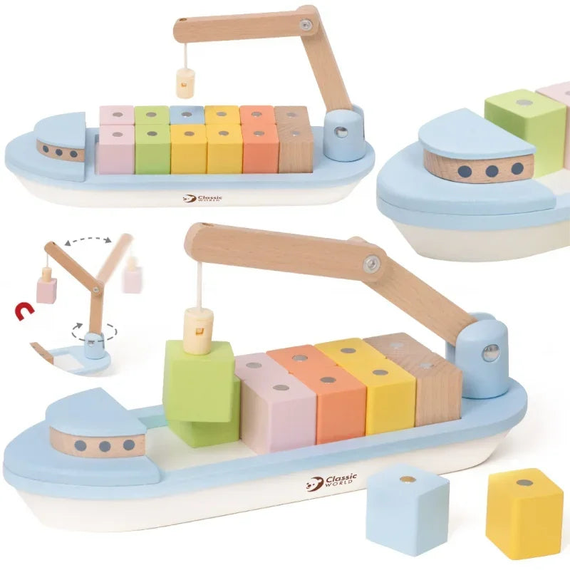 CLASSIC WORLD Drewniany Statek Układanie Bloków 13 el. - zabawki-dla-dziewczynki