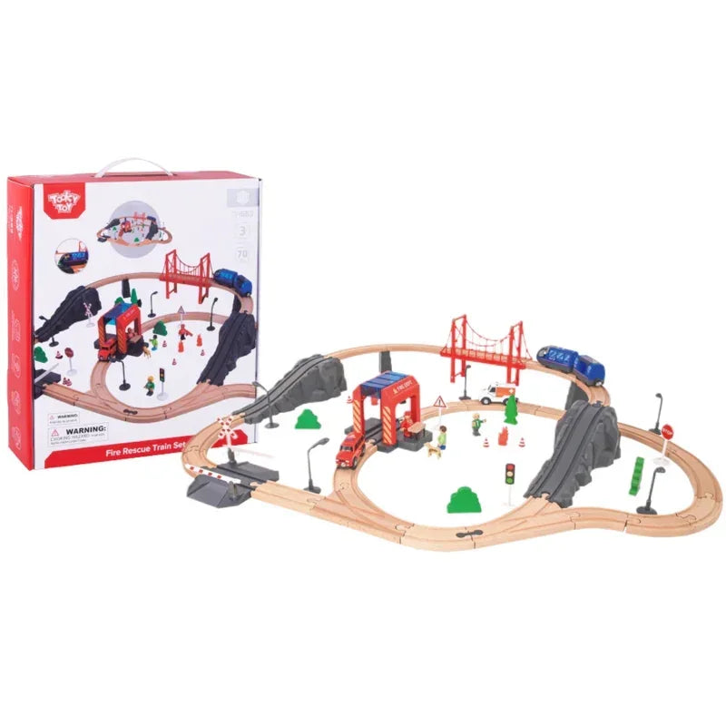 Tooky Toy Drewniana Kolejka Staż Pożarna Ambulans 70 el. - zabawki-dla-dziewczynki