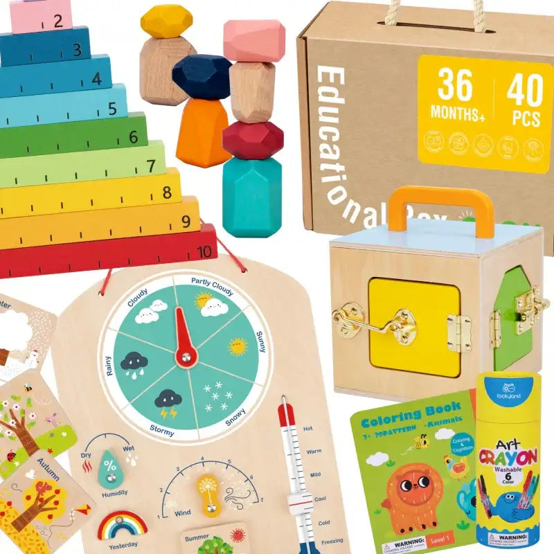 Tooky Toy Edukacyjne Pudełko Montessori Układanka Liczydło Tablica Pogody 6w1 od 3 Lat - zabawki-dla-dziewczynki