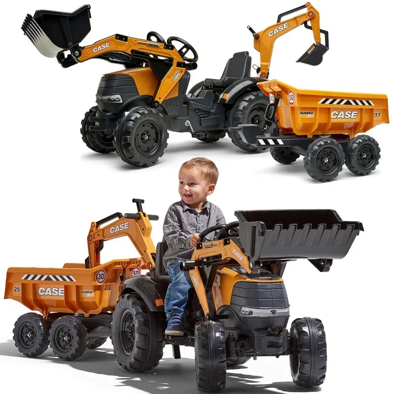 FALK Traktor Case IH Backhoe Pomarańczowy z Przyczepką Ruchoma Łyżka od 3 Lat - zabawki-dla-dziewczynki
