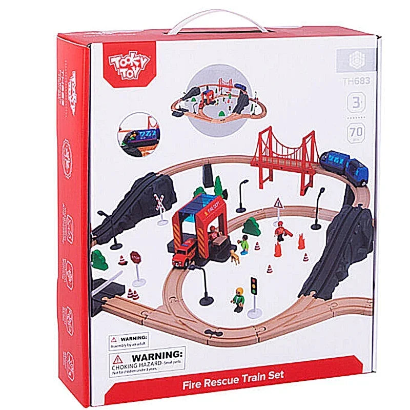 drewniana kolejka Tooky Toy z pojazdami miejskimi - zabawki-dla-dziewczynki
