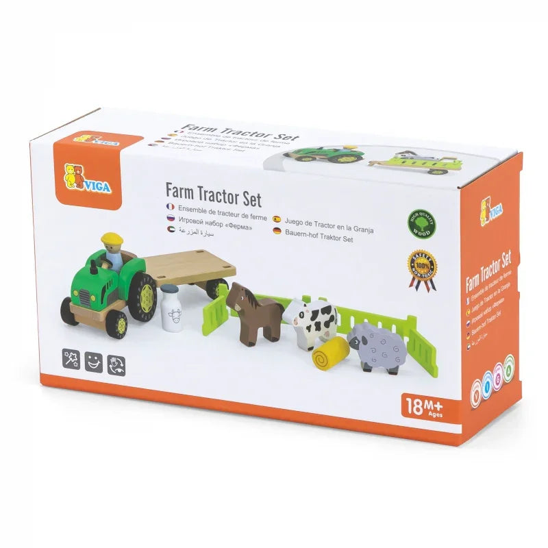 VIGA Traktor Drewniany Zwięrzatka Farma Zagroda - zabawki-dla-dziewczynki