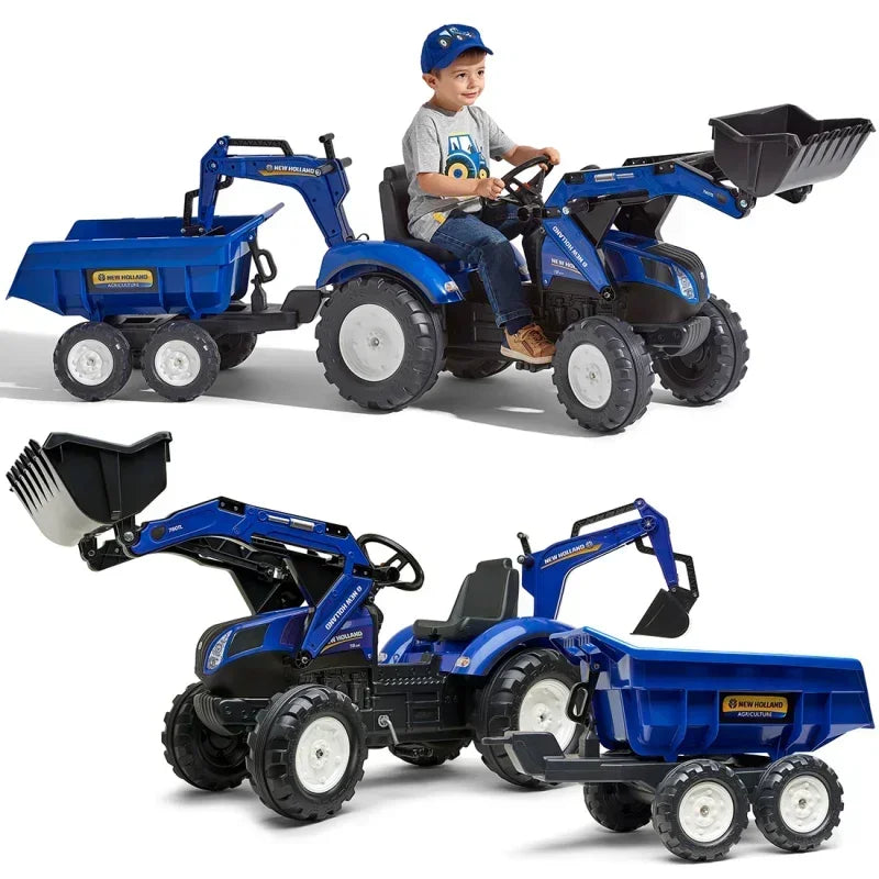FALK Traktorek New Holland na Pedały Niebieski z Przyczepką od 3 Lat - zabawki-dla-dziewczynki