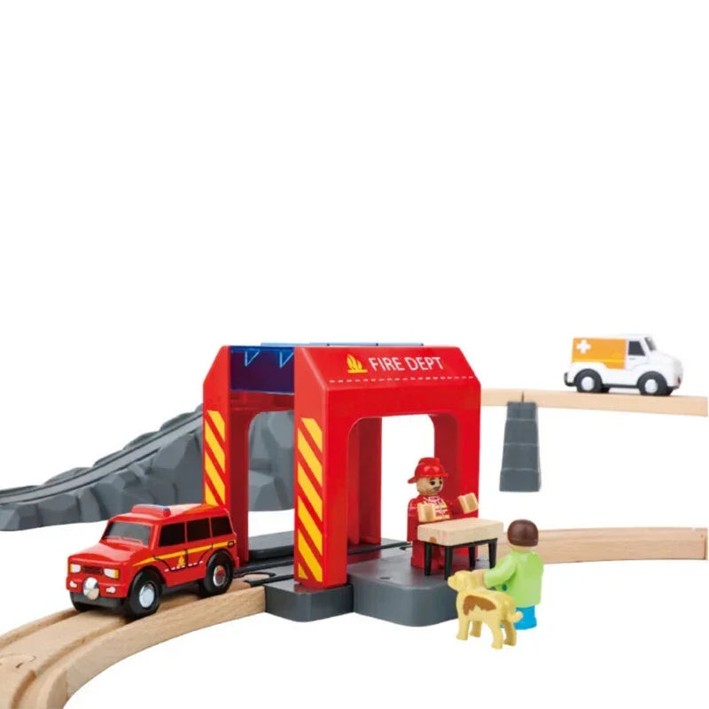 drewniany tor kolejowy Tooky Toy z pojazdami ratunkowymi - zabawki-dla-dziewczynki