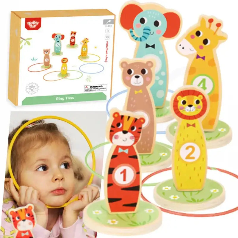 TOOKY TOY Drewniana Gra Zręcznościowa Rzut do Celu Zwierzątka 15 el. - zabawki-dla-dziewczynki