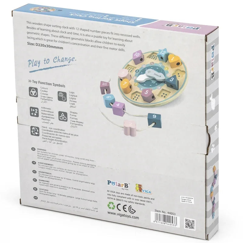 VIGA PolarB Sorter Kształtów Zegar nawlekanka Montessori - zabawki-dla-dziewczynki