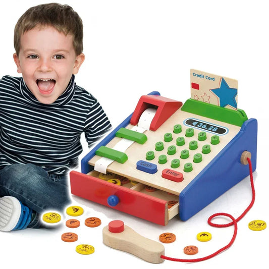 Drewniana kasa sklepowa z akcesoriami Viga Toys skaner Montessori - zabawki-dla-dziewczynki