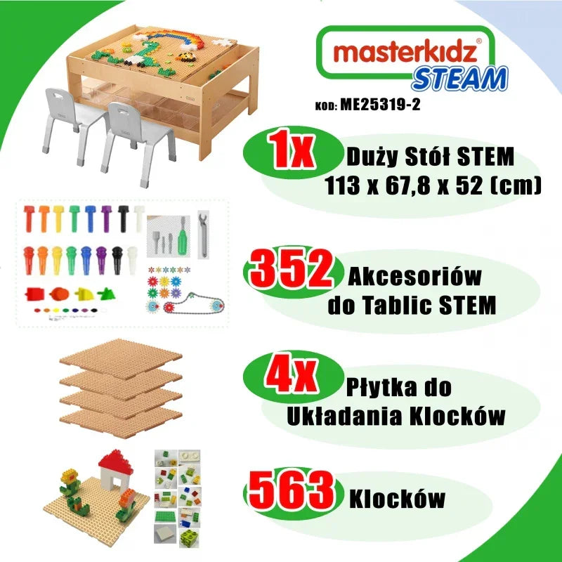 Edukacyjny stół drewniany MASTERKIDZ STEM WALL z 563 klockami dla dzieci od 3 lat - zabawki-dla-dziewczynki