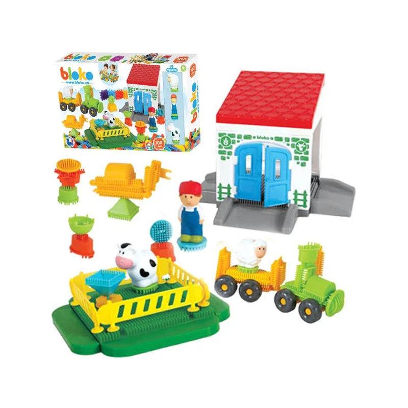 MOCHTOYS Klocki Jeżyki Pin Bricks FARMA w Kartonie 100 el. + 3 Figurki - zabawki-dla-dziewczynki
