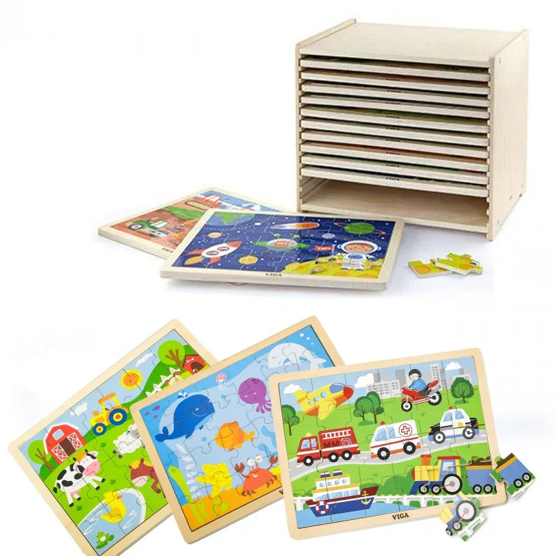 Viga Zestaw Puzzle drewniane 12 układanek po 24 el. na stojaku - zabawki-dla-dziewczynki