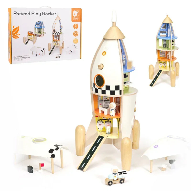 CLASSIC WORLD Drewniana Rakieta Domek dla Dzieci + Figurki Akc. - zabawki-dla-dziewczynki