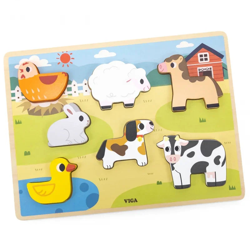 VIGA Drewniane Puzzle Układanka Montessori 2w1 Figurki Farma - zabawki-dla-dziewczynki