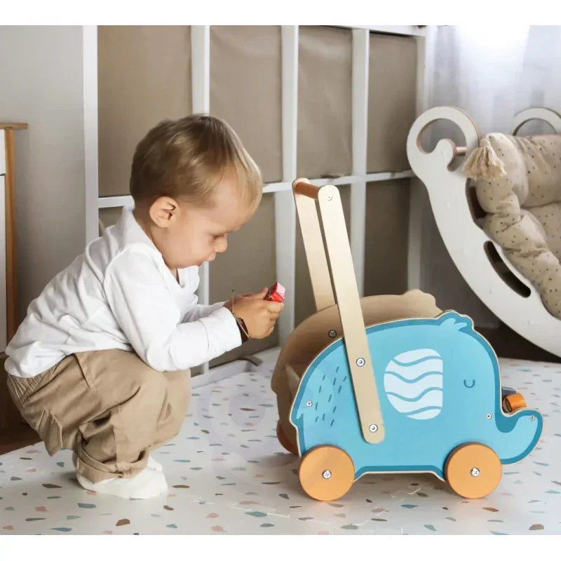 Viga PolarB Drewniany Wózek 2w1 Chodzik Pchacz Słonik - zabawki-dla-dziewczynki