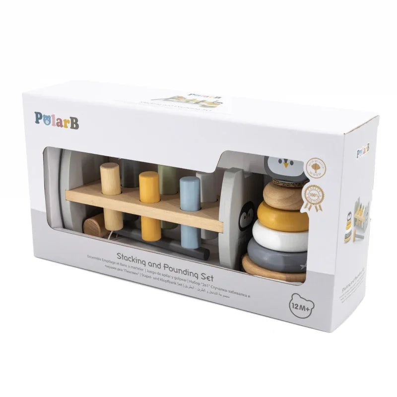 VIGA PolarB Zestaw Drewniana Piramidka + Przebijanka z Młoteczkiem Pingwinek Montessori - zabawki-dla-dziewczynki